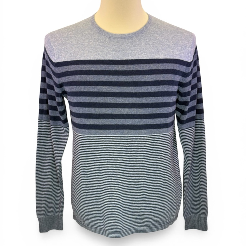 Vince Mens Mixed Gauge Striped Crewneck Long Sleeve Knit Sweater Blue Size M
